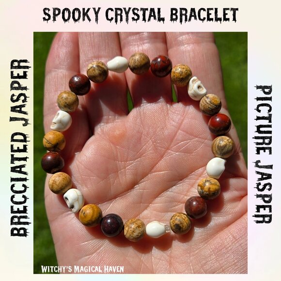 Brecciated and Picture Jasper Skull Spook Gemstone Beaded Bracelet - Picture 4 of 7